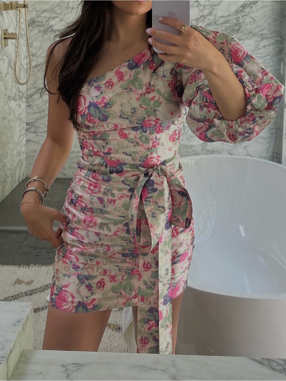 LoveShackFancy One-Shoulder Mini Dress